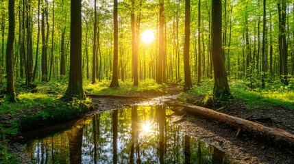 Fototapeta premium Tranquil forest scene with sunlight filtering through lush green trees above a serene reflective pond