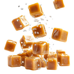 Levitation of Salted Caramel Cubes Gourmet Dessert Art Perfect for Food Styling, isolated on transparent background png 