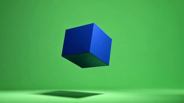 Seamless loop animation of a blue cube rotating slowly against a vibrant green screen backdrop, creating a visually appealing and versatile element for video editing and compositing projects