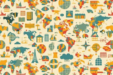 Colorful World Map with Travel and Exploration Icons