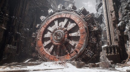 Obraz premium Massive Rusted Mechanical Wheel Surrounded by Snow in Abandoned Industrial Environment