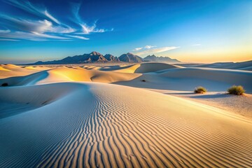 Naklejka premium Golden Hour Sandscapes A Serene Desert Vista at Sunrise with Undulating Dunes and Distant Mountains