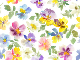 A seamless pattern of abstract pansies painted in watercolor with transparent background. A hand-painted pansy wallpaper for spring.