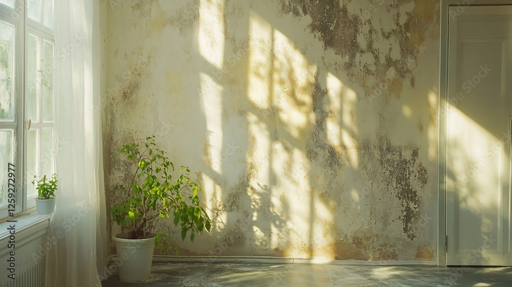 Fototapete sun shining through window creating shadows on textured wall in empty room