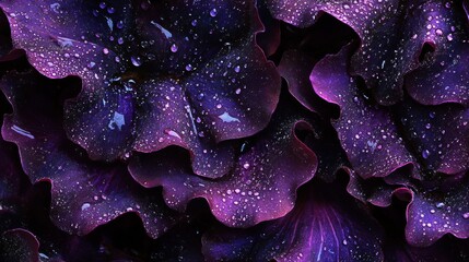 102.An artistic shot of deep purple lettuce petals layered with sparkling raindrops, illuminated gently in diffused winter light.