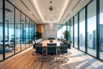 Spacious Bright Conference Room with Wooden Floors and Large Glass Walls in Dynamic Corporate Setting
