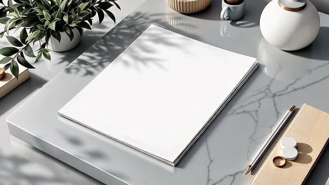 Blank White Mockup Brochure on a Marble Tabletop