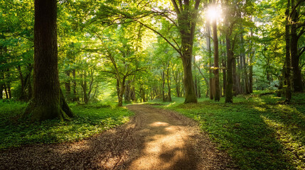 Sunlit forest pathway surrounded by lush green trees and foliage