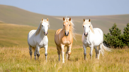 Obraz premium Three palomino and white horses grazing in a mountain pasture