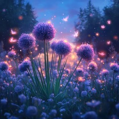 Magical Scene of Purple Flowers with Butterflies in Soft Light