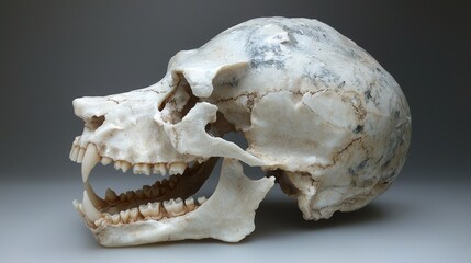 Detailed view of a large animal skull showcasing intricate bone structure, highlighting its features