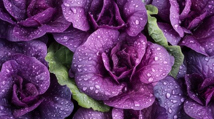Obraz premium 101.A soft-focus image of purple lettuce leaves adorned with crystal-clear rain droplets, with cool tones and a faint winter mist in the distance.