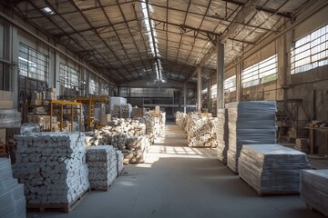 A vast warehouse filled with raw materials for manufacturing