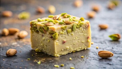 A Delectable Square of Creamy Nut and Seed Confection, Exquisitely Garnished with Pistachios and Almonds