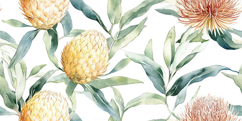 Australian flowers vector seamless repeating pattern of banksia, leaves on a white background, Botanical print with soft pastel colors
