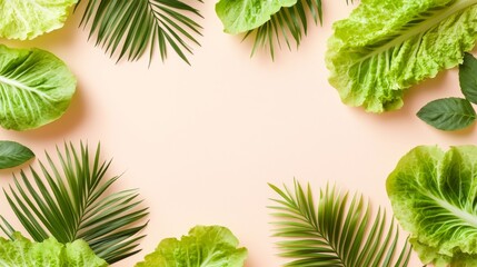 59.A minimalist vector composition featuring isolated lettuce leaves and palm fronds, arranged harmoniously on a soft pastel background, ideal for social media covers.