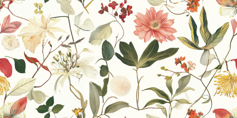 Australian flowers vector seamless repeating pattern of eucalyptus, proteas wattles leaves on a white background, Botanical print with soft pastel colors