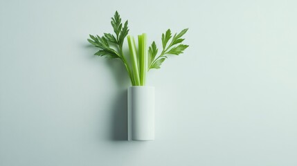 105.A minimalistic composition of a celery bunch with neatly trimmed stalks and fresh leaves, highlighted against a bright white background.