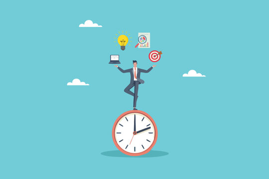 Mastering Time, A Productive Businessman Balancing on a Clock While Efficiently Managing Tasks