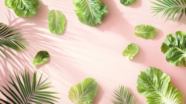 59.A minimalist vector composition featuring isolated lettuce leaves and palm fronds, arranged harmoniously on a soft pastel background, ideal for social media covers.
