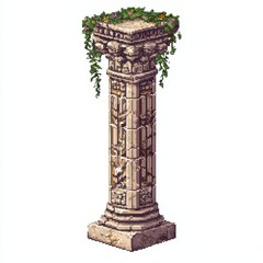 Naklejka premium Ancient Stone Pillar with Carvings and Greenery in Pixel Art Style