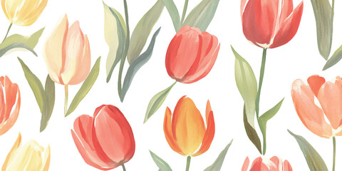 Obraz premium Watercolor floral vector pattern tile featuring flowers tulips and leaves on white, Traditional hand painted whimsical seamless print with an abstract design
