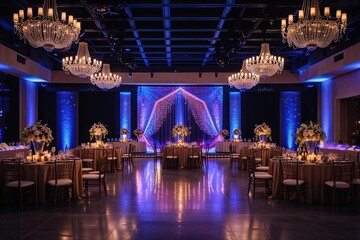Elegant Event Space for Corporate Celebrations with Chic Arrangements and Vibrant Lighting