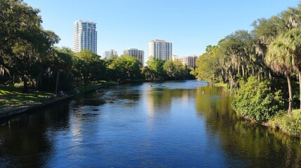 12.A picturesque scene of the Hillsborough River flowing gently through Tampa, surrounded by verdant vegetation, with wildlife subtly visible near the edges.