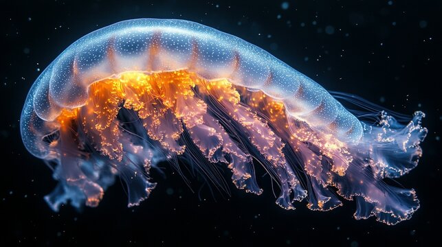 A luminous jellyfish floats gracefully in dark waters