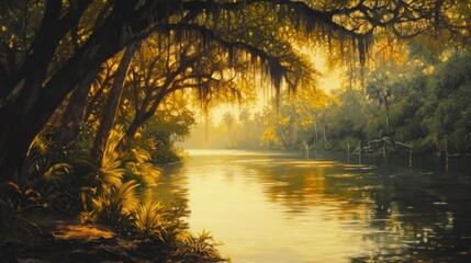 11.The riverbank of the Hillsborough River framed by moss-draped oaks and palm trees, with clear water shimmering under the golden light of the setting sun.