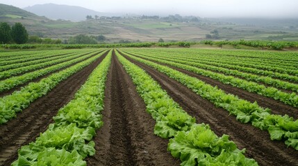 84.A rural landscape of cultivated lettuce fields under a brooding sky, the atmosphere heavy with the anticipation of summer rain.