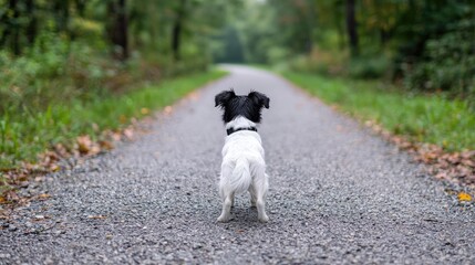 Small dog on path, autumn forest background