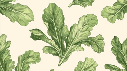 56.A seamless vector wallpaper featuring hand-drawn lettuce leaves and palm branches, intricately detailed against a light beige background with soft gradients.