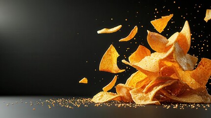Golden chips, cheese drips, thin onion rings scattered, 3D illustration