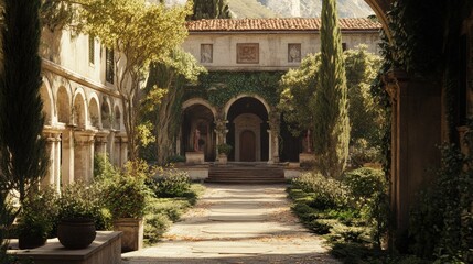 Obraz premium A serene monastery with lush gardens and ancient architecture