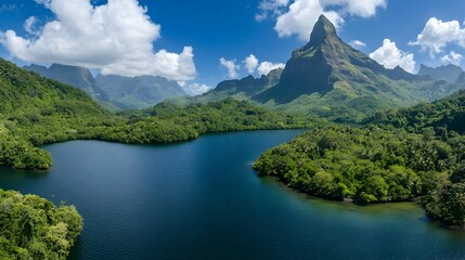 Tropical Mountain Lake Aerial View With Lush Vegetation