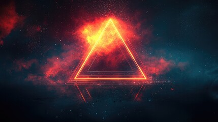 Abstract glowing triangle surrounded by vibrant cosmic clouds and reflections in a surreal space