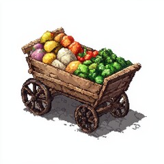 Pixel Art Wooden Cart Filled with Colorful Goods and Vegetables