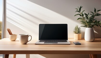 シンプルで洗練されたデスク空間 ノートPCとコーヒーカップが整う快適なワークスペース
