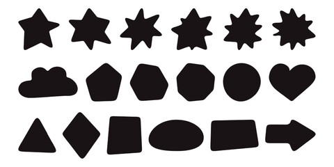 Rounded corner shapes. Vector square, rectangle, hexagon, diamond geometric icons. Organic fun starburst arrow, squircle block infographic clipart. discount label card, free sticker, blob price tag.
