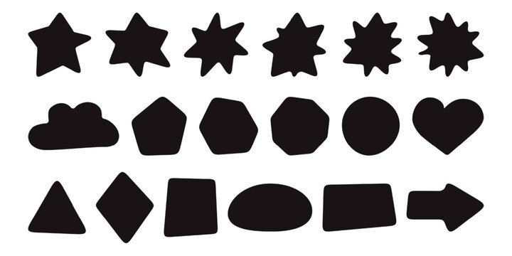 Rounded corner shapes. Vector square, rectangle, hexagon, diamond geometric icons. Organic fun starburst arrow, squircle block infographic clipart. discount label card, free sticker, blob price tag.