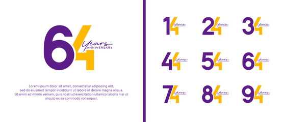 set of anniversary logo flat purple and yellow color on white background for celebration moment