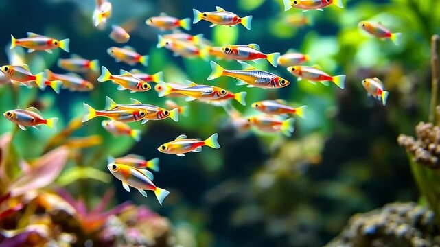 Vibrant School of Harlequin Rasboras Swimming in an Aquarium