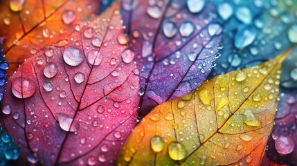 Fototapeta premium 26.Close-up of vibrant leaves with intricate vein patterns, glistening with raindrops under soft natural light, creating a refreshing and serene atmosphere.