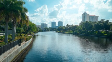 Fototapeta premium 10.A wide-angle view of the Hillsborough River on a peaceful afternoon, showing a meandering shoreline lined with tropical vegetation and vibrant greenery.
