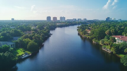 10.A wide-angle view of the Hillsborough River on a peaceful afternoon, showing a meandering shoreline lined with tropical vegetation and vibrant greenery.