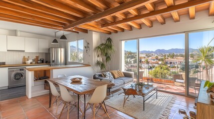 Modern Apartment With Wooden Beams And Mountain View