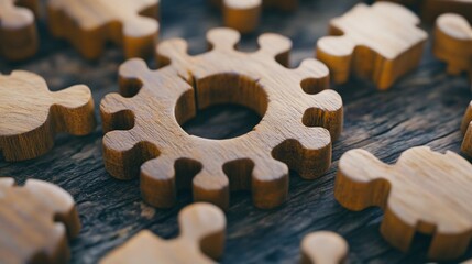 Wooden puzzle pieces forming circular shape on rustic wood background