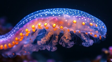 Naklejka premium A Spotted Jellyfish Undersea Illuminated Beauty