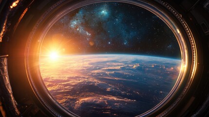 Fototapeta premium Space Station Window View of Earth Sunrise